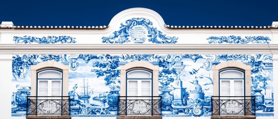 An old Portuguese building adorned with large blue and white azulejos panels, depicting scenes from maritime history, with intricate detailing capturing a bygone era