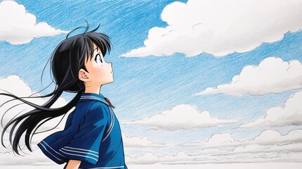 School anime girl illustration looking at a cloudy blue sky background.