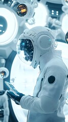 Poster - Futuristic Cyborg in High Tech Lab with Holographic Screens