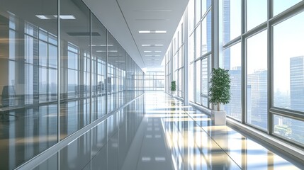 A perspective shot of a modern office building interior, with long glass corridors and polished floors reflecting the natural light pouring in from large windows