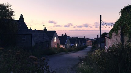 A perspective view of a quiet coastal village at dusk, with small houses lining a narrow street and the ocean in the distance. The sky is lit with the soft colors of sunset