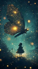 Aufkleber - Girl Riding Majestic Butterfly Through Glowing Enchanted Forest
