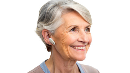 Senior woman smiling and wearing a hearing aid for improved hearing.