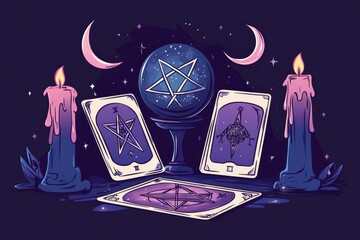 A vector design featuring three tarot cards one with a pentagram and another with a candle on the side.