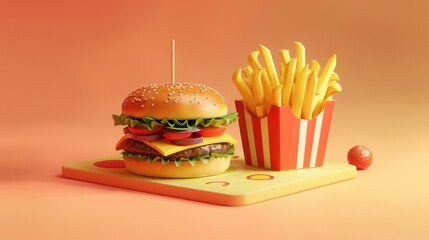 3D Rendered Hamburger and Fries