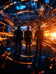 Fototapete - Silhouetted figures stand against a swirl of vibrant colors, symbolizing technology and futuristic concepts.
