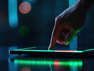 Fototapete - A close-up of a hand interacting with a glowing tablet screen, showcasing modern technology and user engagement in a dark setting.