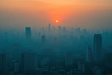 A captivating sunset over a hazy cityscape, showcasing silhouettes of skyscrapers against the glowing horizon.