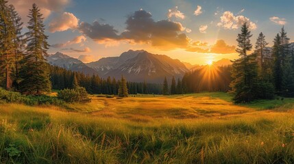 Wall Mural - Golden Sunset Over Majestic Mountains