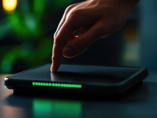 Poster - A hand interacts with a modern device, showcasing advanced technology and a glowing interface in a dimly lit setting.