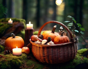 Wicker basket with mushrooms, pumpkins and candles in the forest