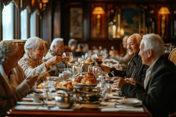 Wall Mural - A man and woman are sitting at a table with other people