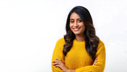 attractive indian woman in yellow sweater – a bright portrait of an indian woman in a cozy _1(113)