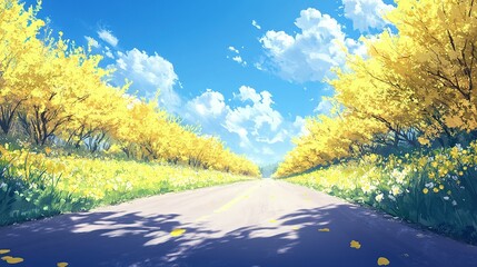 Wall Mural - A Road Lined with Yellow Blossoms Leading into the Distance under a Blue Sky