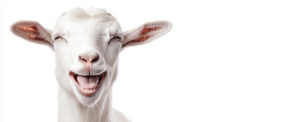 Close-up of a joyful white goat smiling widely, bright white background, playful and humorous animal portrait, lighthearted and fun expression