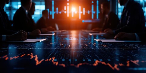 Poster - Business meeting with data visualization. Professionals discuss strategy in a modern conference room with digital screens.