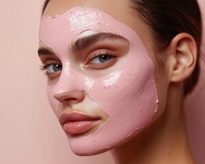 Artistic image with a pink mask on woman's face