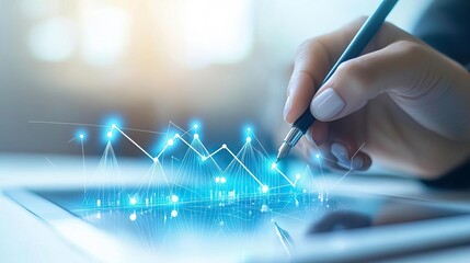 A hand holding a pen overlays digital graphs on a tablet screen, representing data analysis and modern technology.