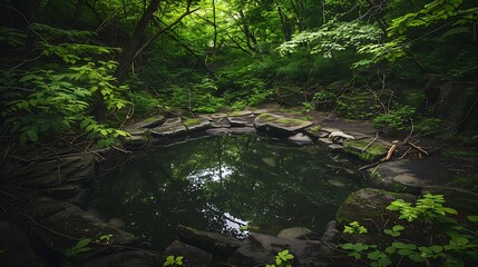 Poster - An historical shattered rock pond in the heart of a lush forest ringed by heavy wild greenery