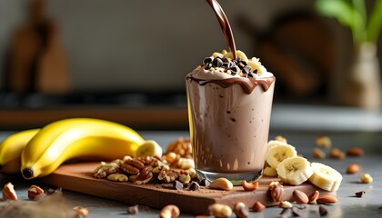 Wall Mural - Indulgent chocolate banana smoothie cascading into a glass with fresh bananas and nuts adorning a stylish kitchen countertop