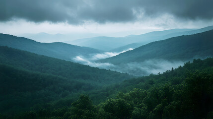 Wall Mural - distant view of a rainstorm moving across the mountains, with mist rising from the forested