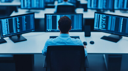 Poster - A focused individual analyzing data at multiple computer screens in a modern office environment, showcasing technology and productivity.