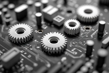 Close-up of three metallic gears on a black circuit board.