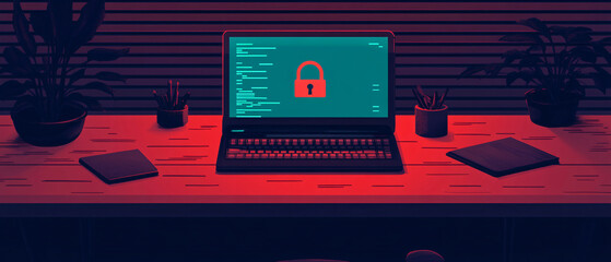 Poster - A modern workspace featuring a laptop with a security lock on screen, surrounded by plants and office supplies.