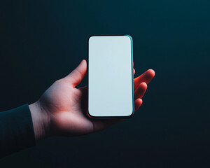 Poster - A person holds a modern smartphone with a blank screen, showcasing mobile technology in a dark, ambient setting.