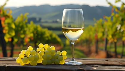 serene vineyard panorama featuring a glass of white wine amidst lush green vines