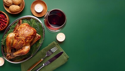 turkey baked for thanksgiving or christmas on bright background, family holiday concept top view