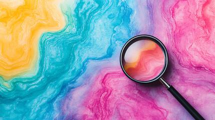 Poster - A vibrant abstract background featuring flowing colors with a magnifying glass emphasizing the beauty of art and detail.