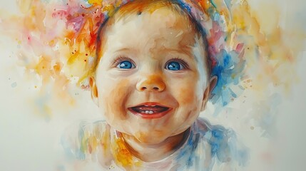 a watercolor painting a happy newborn baby