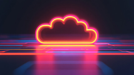 Poster - A vibrant neon cloud icon illuminated over a digital background, representing data storage and cloud technology.