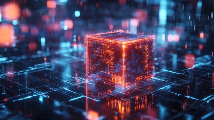 a cube with blockchain data in a futuristic environment, symbolizing technology, finance, and data v