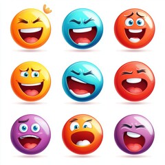 Set of 9 Cartoon Emoji Icons with Different Expressions   Laughing  Smiling  Happy  Joyful