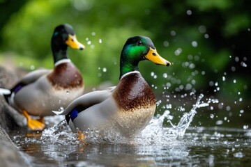 Farm animals such as ducks waddling around a small pond, splashing and quacking joyfully