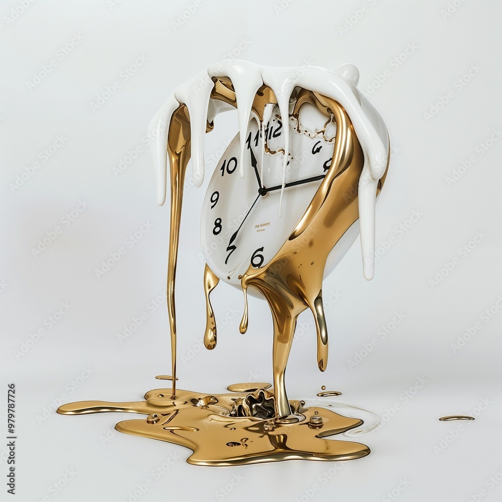 Surreal melting clock with a glossy gold and white design, evoking a ...