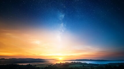 Night sky glowing with stars, distant horizon, soft clouds, serene darkness.