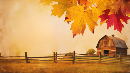 Poster - autumn landscape with house autumn leaves on the ground 