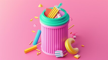 Poster - 3D Render of Colorful Objects and a Trash Can