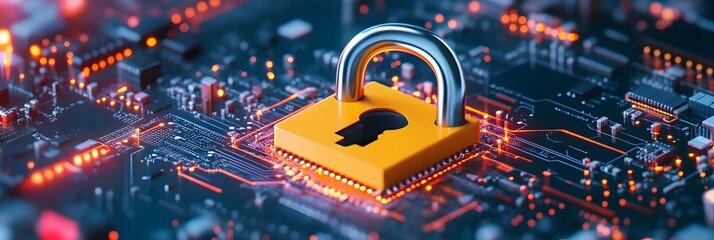 Poster - Secure Digital Network with Locked Padlock and Circuit Lines