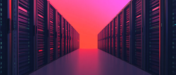 Poster - Futuristic data center corridor with server racks, glowing neon lights, and a vibrant gradient background, creating a tech-inspired atmosphere.