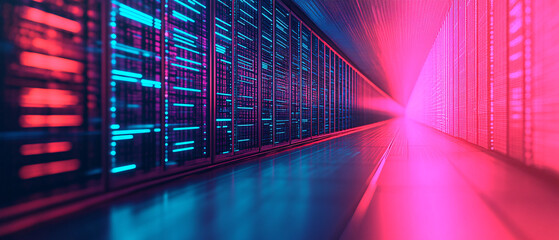 Poster - Futuristic data center with neon lights, showcasing advanced technology and modern architecture in a vibrant, digital environment.