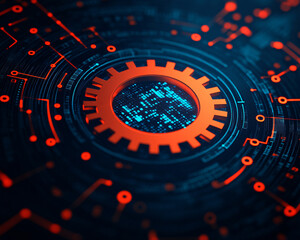Poster - futuristic gear symbol surrounded by digital circuits and glowing elements, representing technology 