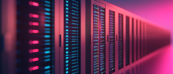 Poster - Futuristic server room with colorful LED lights, showcasing rows of servers designed for high-tech data storage and processing.