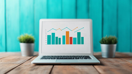Poster - Laptop displaying colorful bar graph, representing data analysis and business growth on rustic wooden table.
