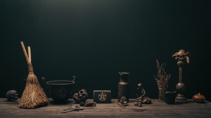 Witchcraft Ritual Still Life with Broom  Cauldron  Skull and Pentagram