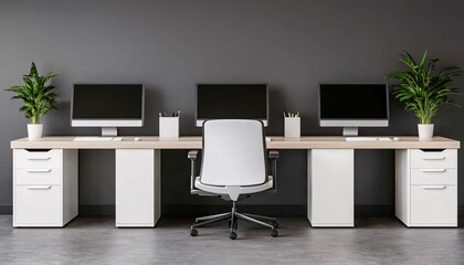 Poster - Modern office workspace featuring sleek desks, computer monitors, and green plants for a productive environment.