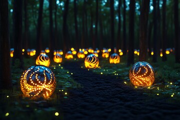 Poster - A magical forest at dusk, where glowing orbs of light hover among the trees, and mythical creatures emerge from the shadows